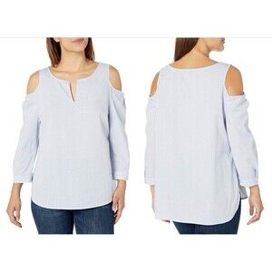 NYDJ Top‎ Womens L Light Blue Agnes Cold Shoulder Summer Vacay Breathable Blouse